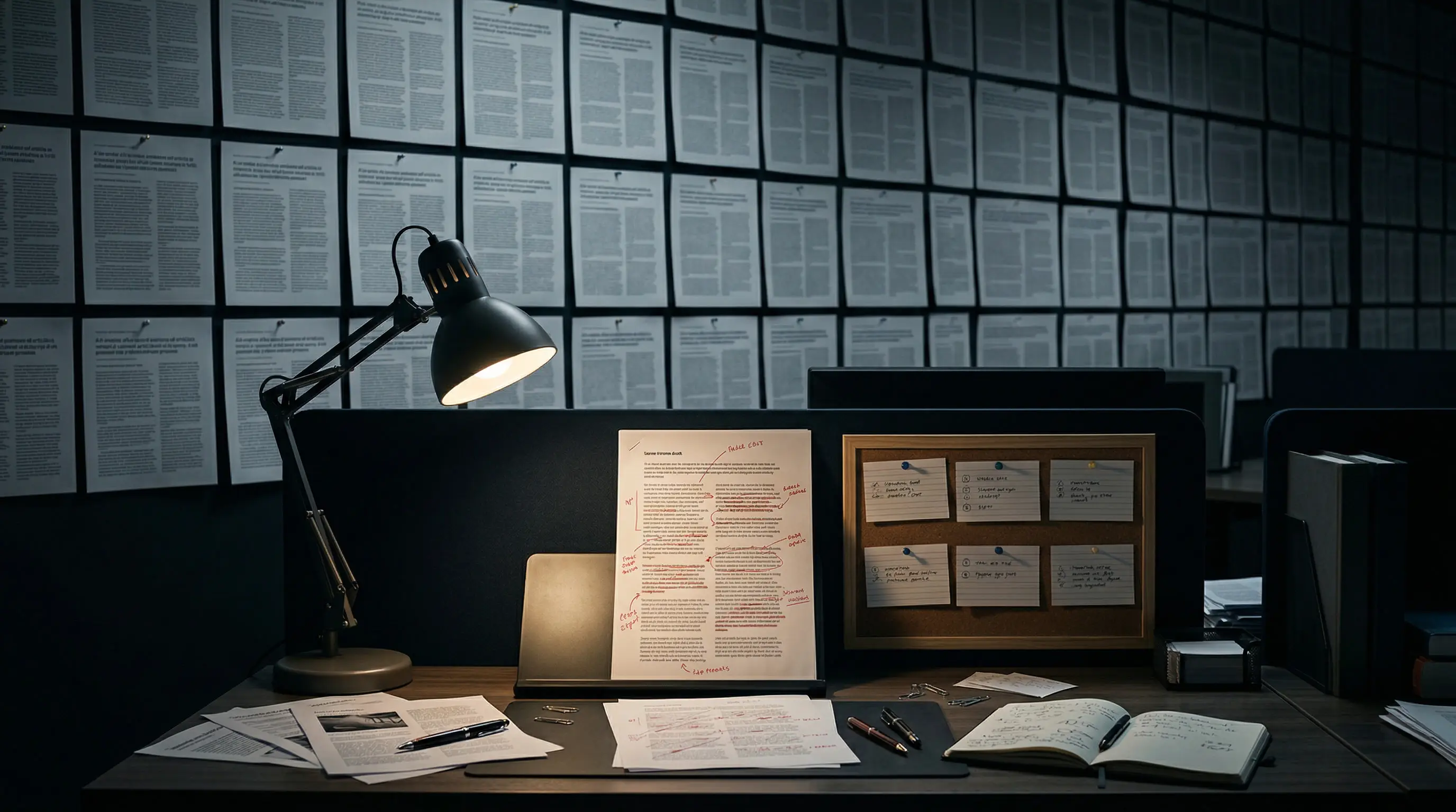 A dark editorial newsroom wall covered in near-identical article proofs, with one red-marked draft glowing under a tungsten desk lamp.