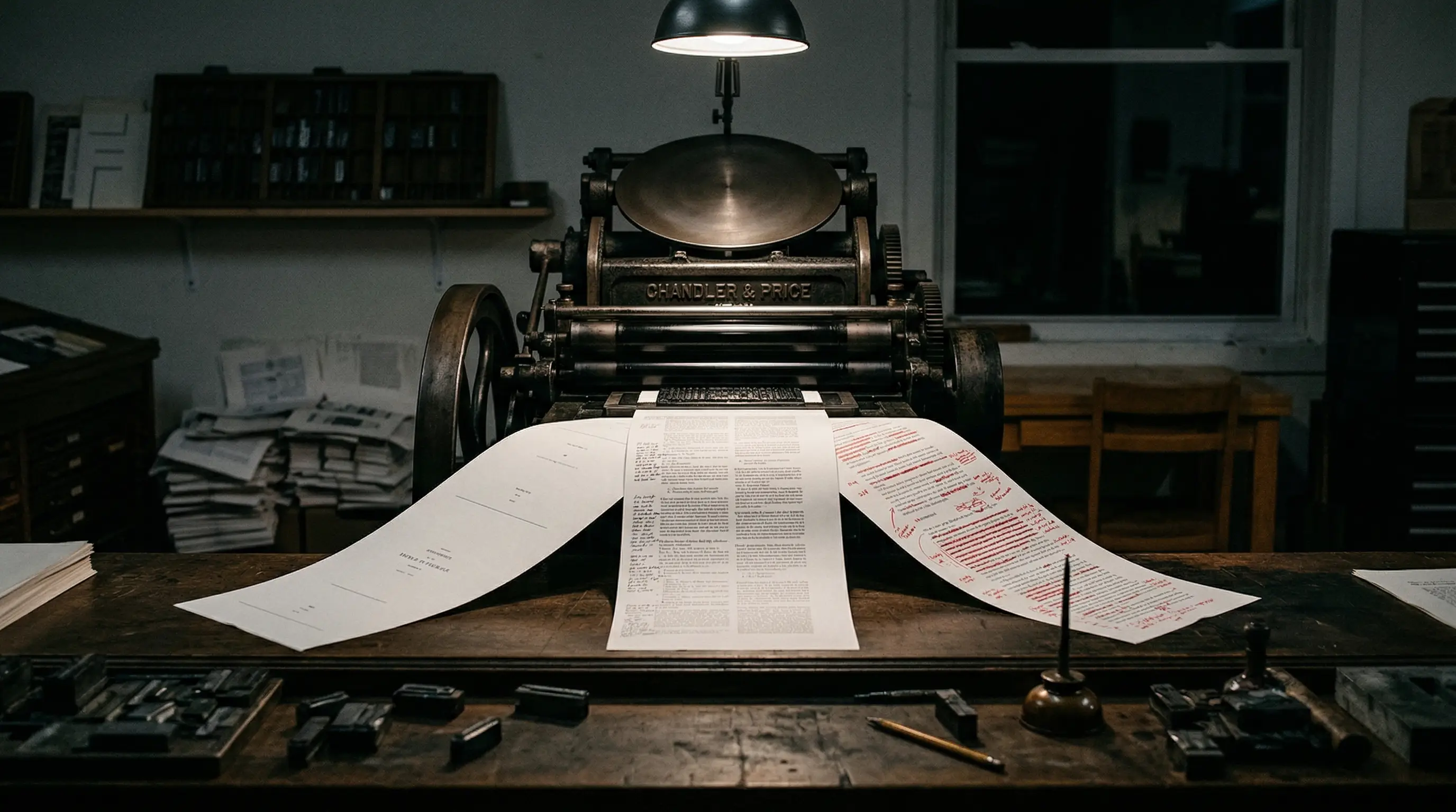 A dark editorial still life of a single letterpress driving multiple distinct pages at once, symbolizing content scale without flattening client voice
