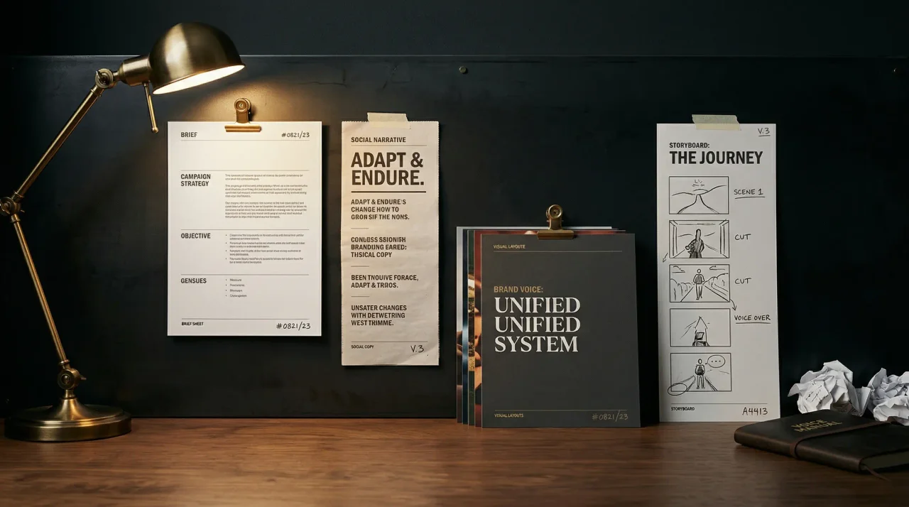An editorial still life of one brand voice system translated across multiple content formats under warm studio light