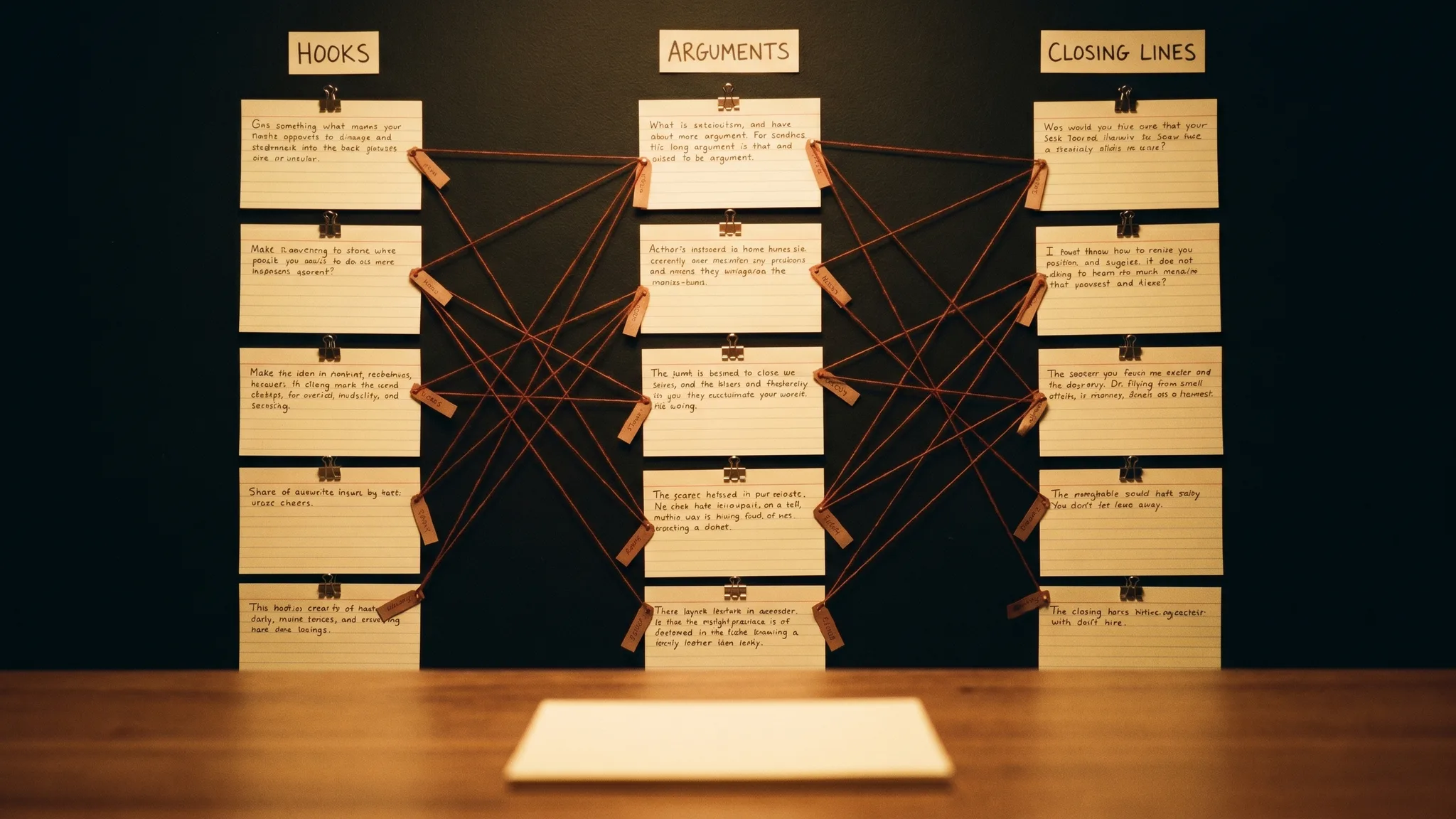 LinkedIn draft cards pinned to a matte wall with rust threads connecting repeated reasoning patterns.