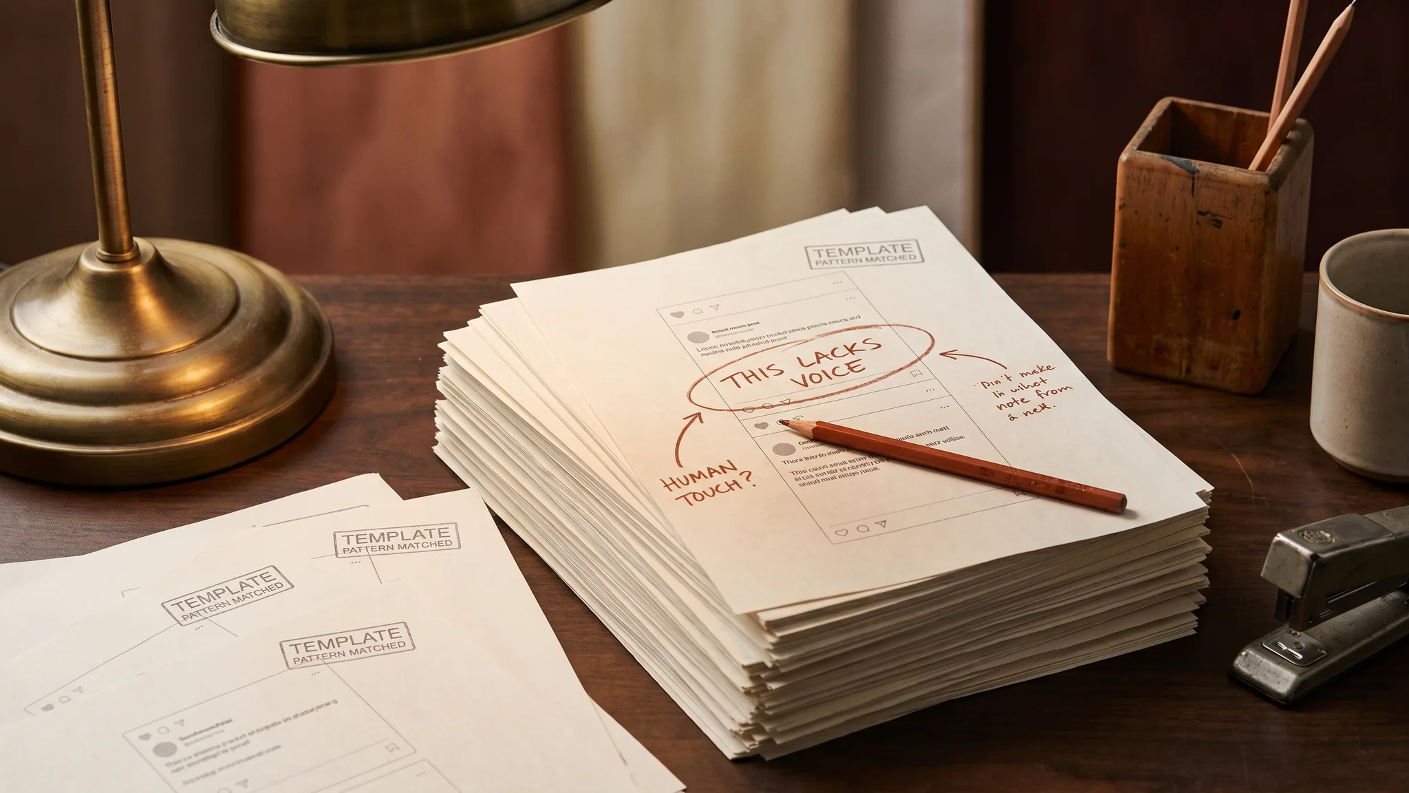 A dark editor desk with nearly identical printed posts and one rust-marked draft under a desk lamp.