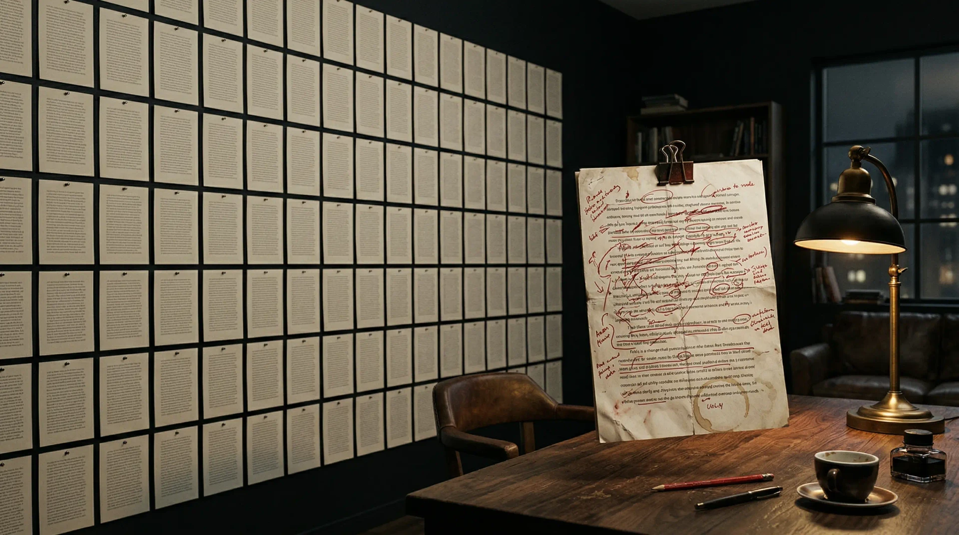 Dim editorial office: a wall of identical printed pages, one heavily red-marked draft clipped upright on a desk under a brass lamp.
