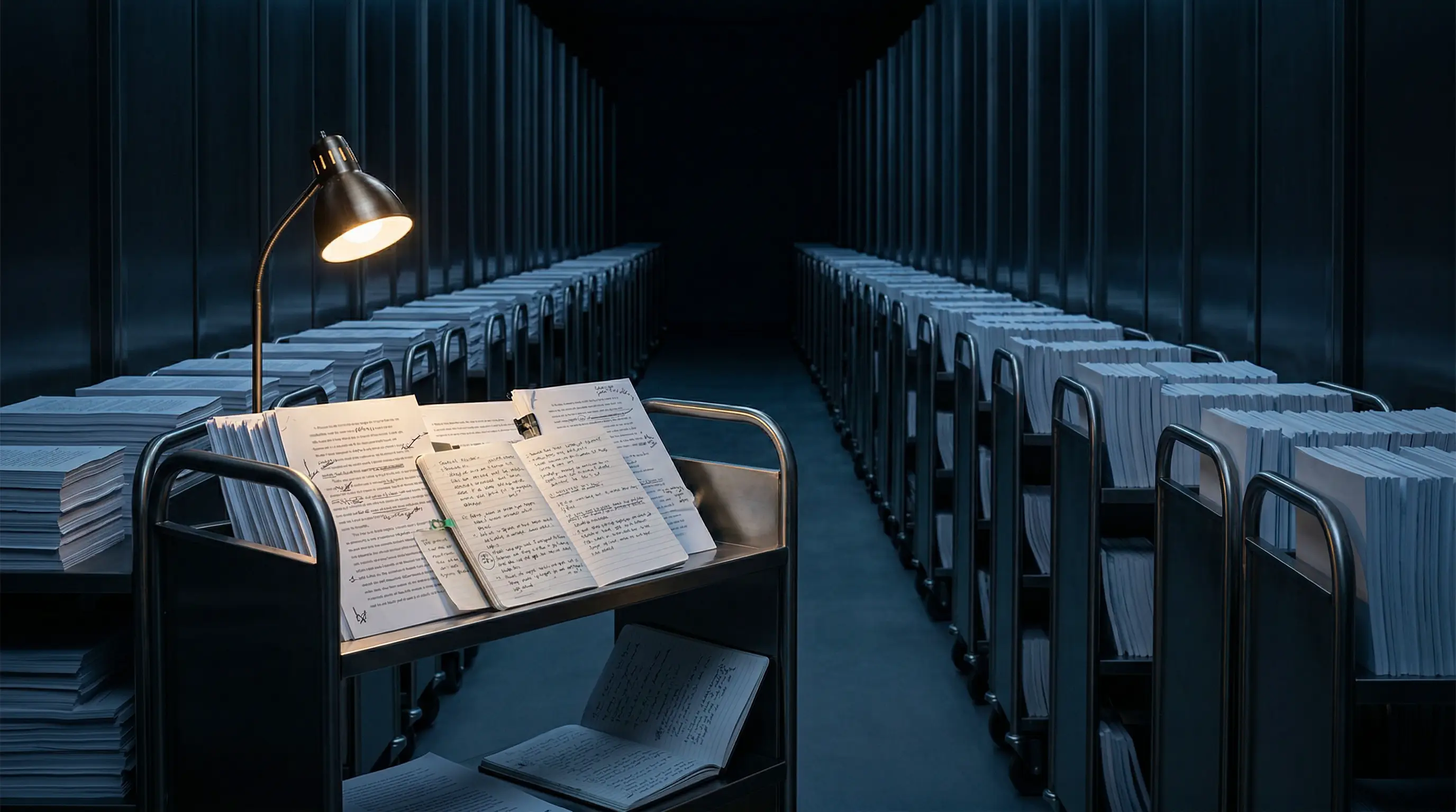 A lamp-lit edited draft resting on a cart in a dark archive corridor of nearly identical manuscript stacks, leaving deep negative space beyond it.