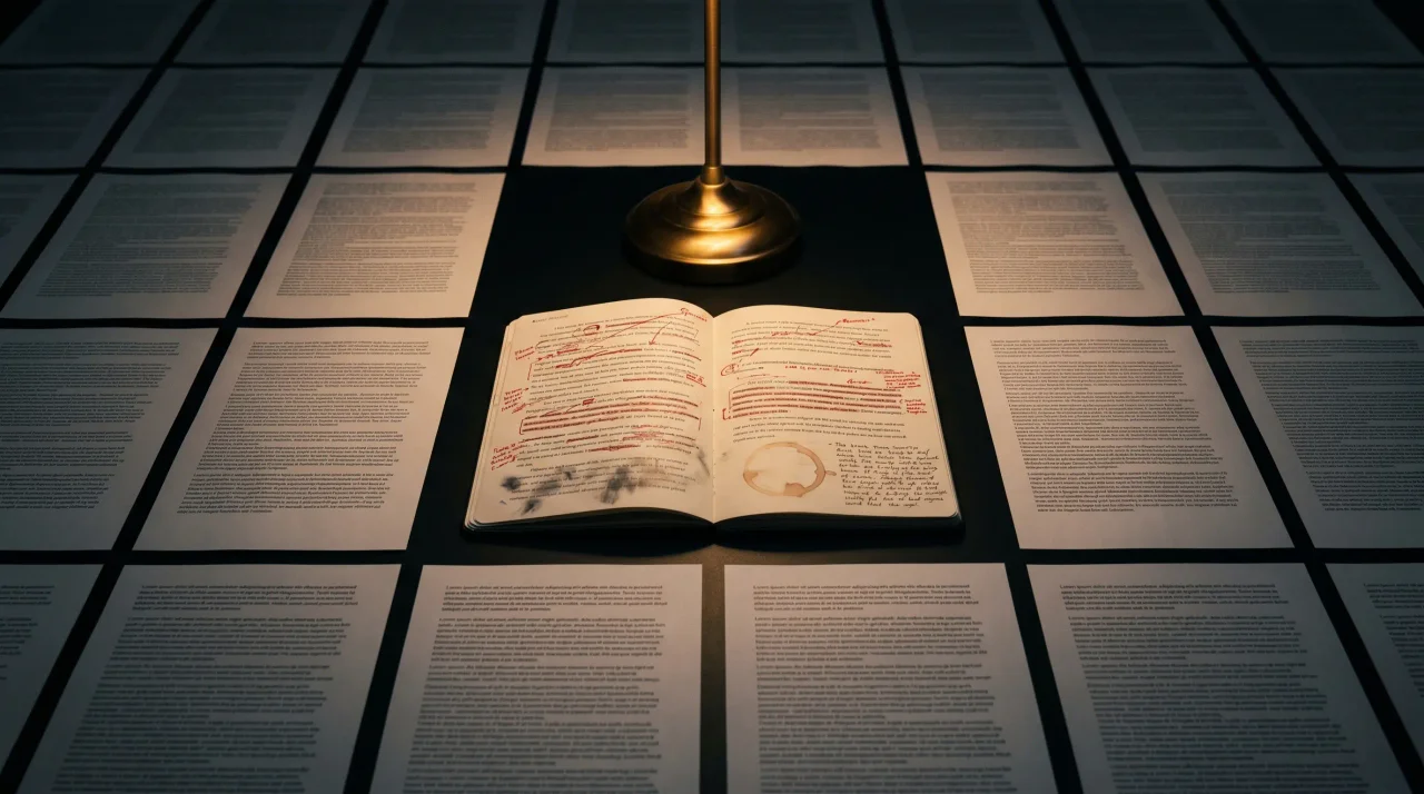 A marked-up notebook under a warm brass lamp, centered inside a dark grid of near-identical AI-generated pages.