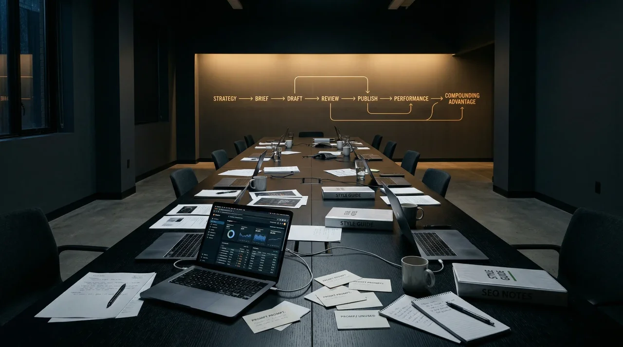 A dark editorial conference room where disconnected content tools converge toward a single illuminated workflow wall.